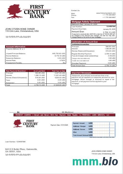 USA Georgia Gainesville First Century Bank wyciąg z kredytu hipotecznego w formatach Word i PDF